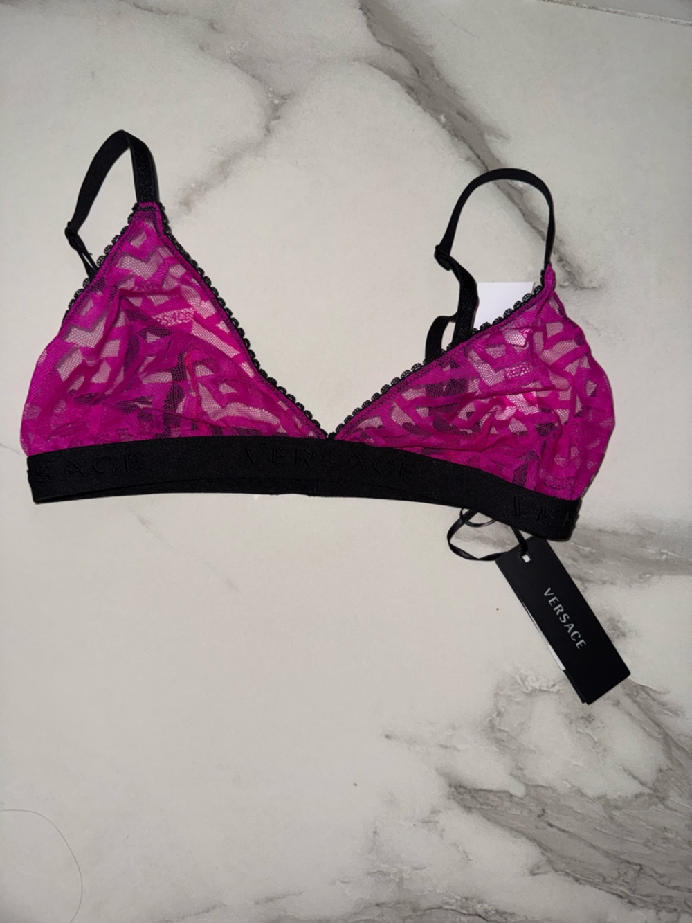 Versace Bright Fuchsia Lace Triangle Bralette with Black Band